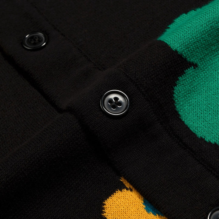 Men's Black 70s Colorful Floral Jacquard Polo Knit Cardigan