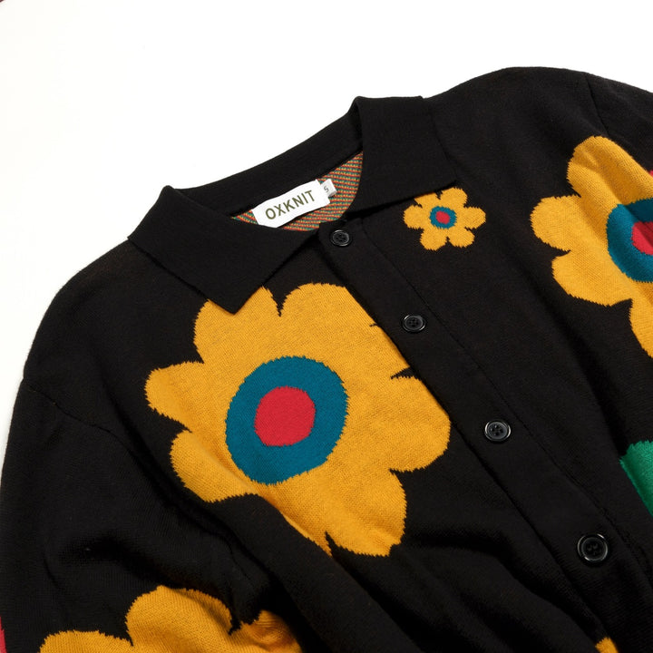 Men's Black 70s Colorful Floral Jacquard Polo Knit Cardigan