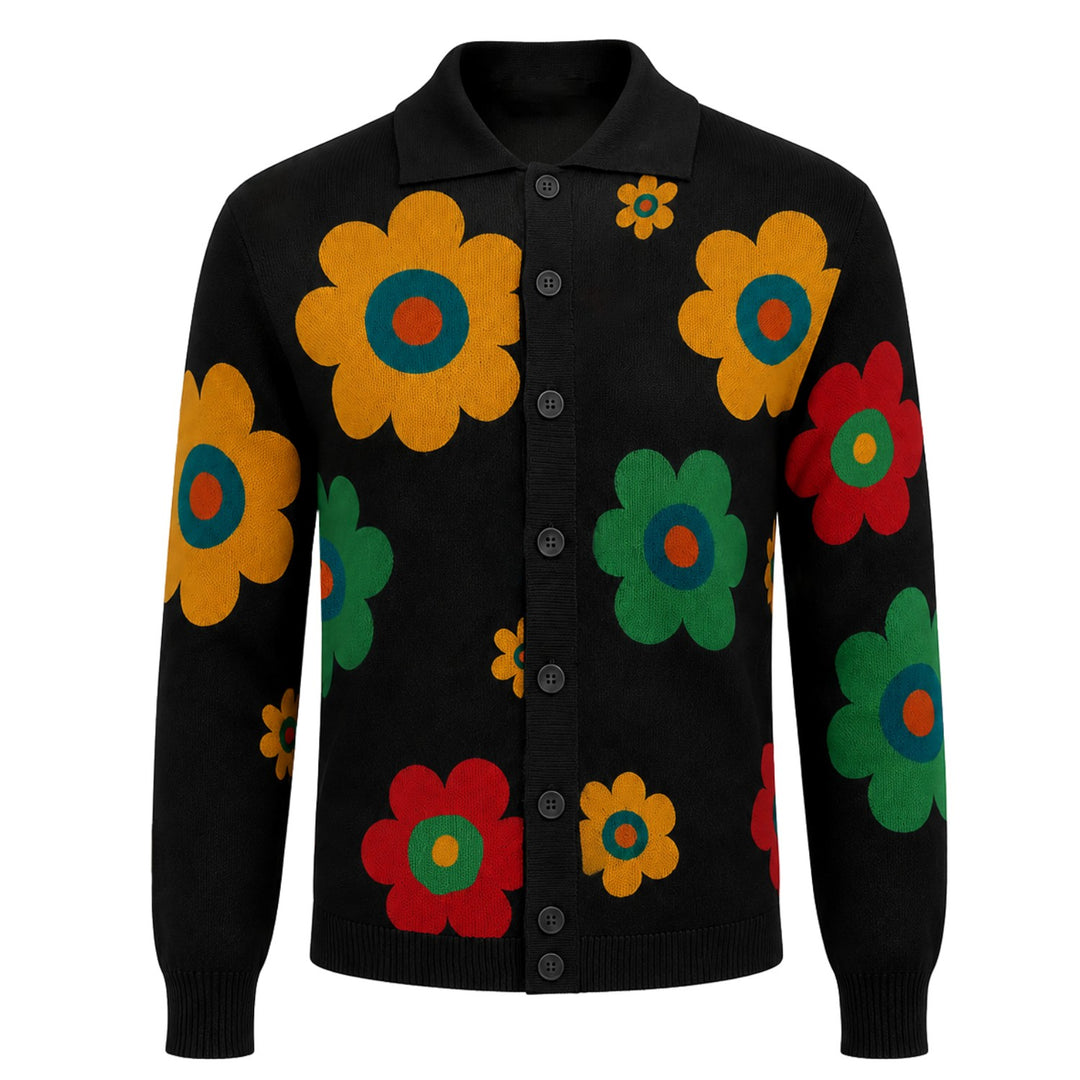 Men's Black 70s Colorful Floral Jacquard Polo Knit Cardigan