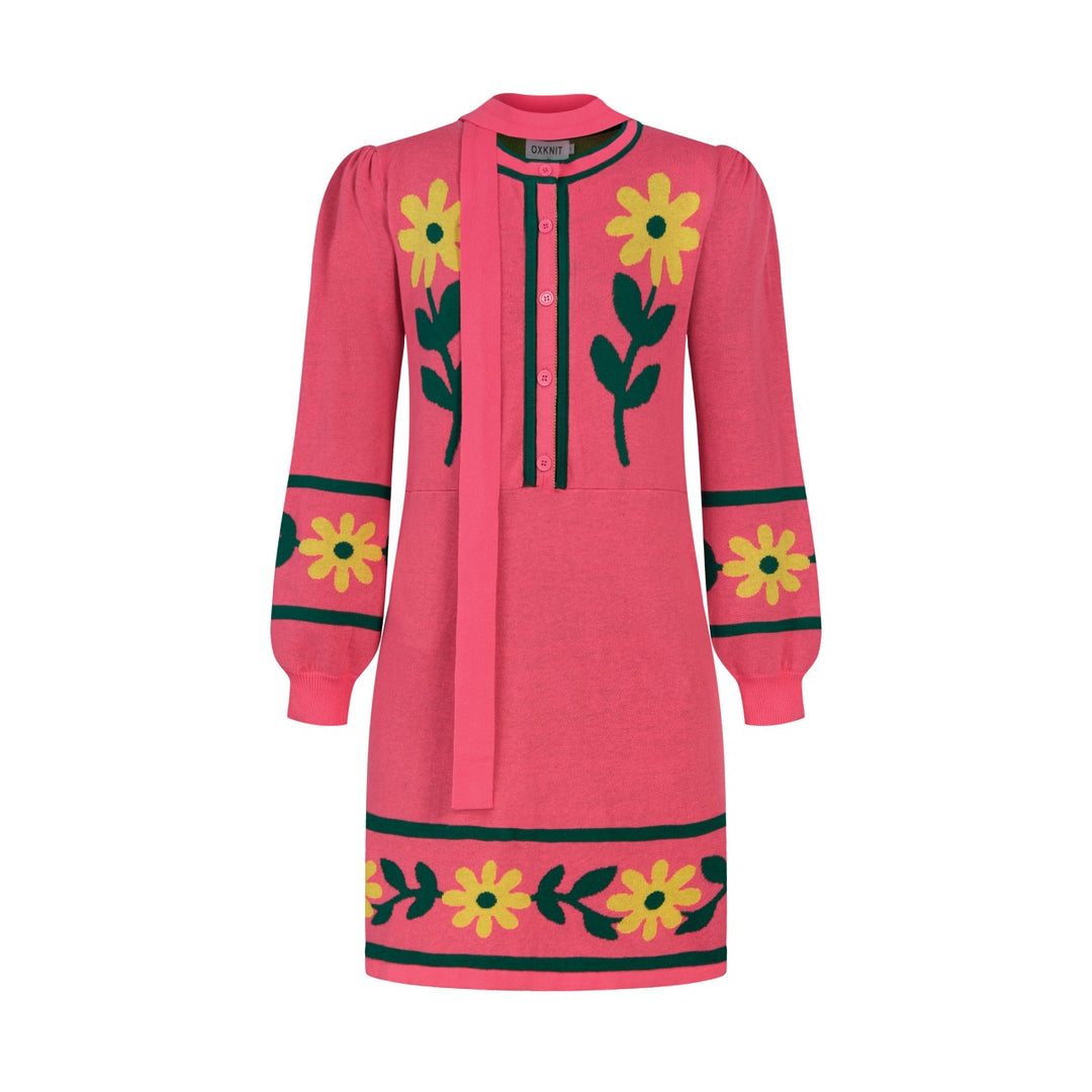 Kvindernes Hot Pink 60'er Mod Daisy Jacquard Strikket Kjole med Slips