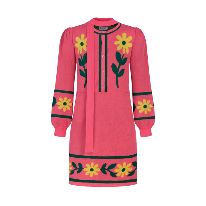 Kvindernes Hot Pink 60'er Mod Daisy Jacquard Strikket Kjole med Slips