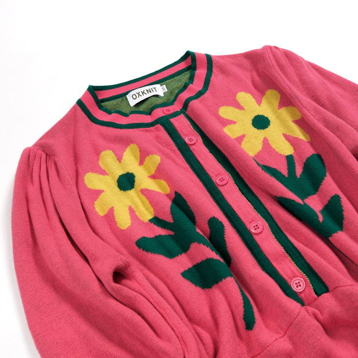 Kvindernes Hot Pink 60'er Mod Daisy Jacquard Strikket Kjole med Slips