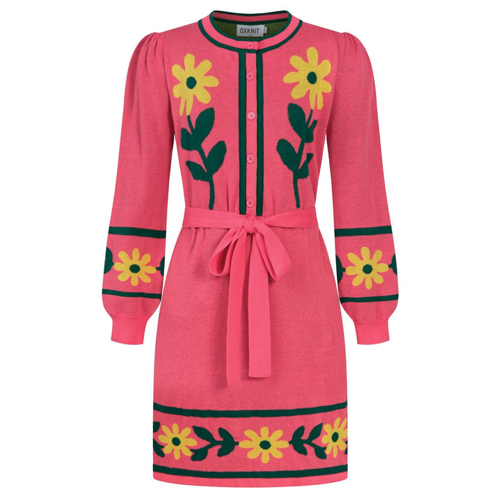 Kvindernes Hot Pink 60'er Mod Daisy Jacquard Strikket Kjole med Slips