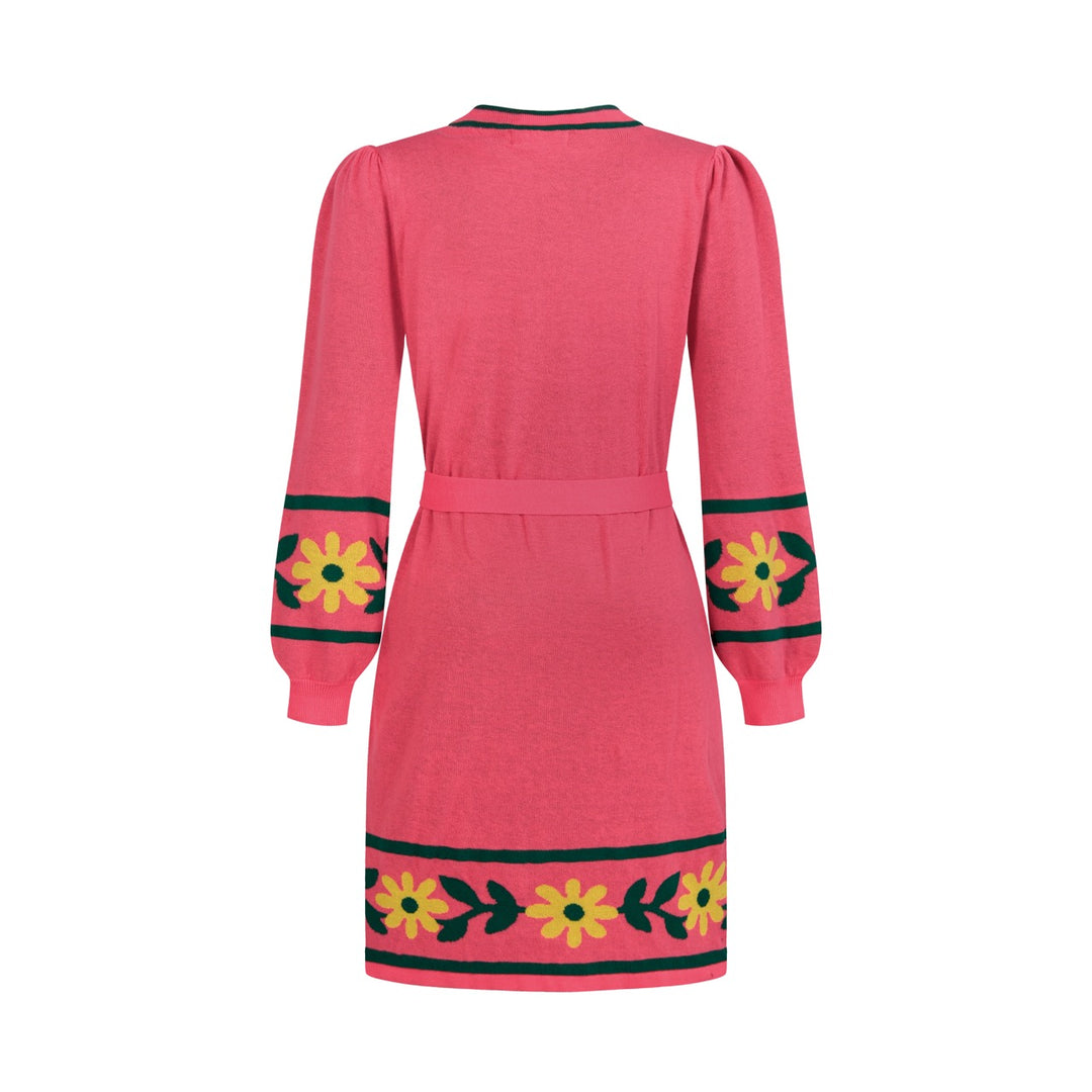 Kvindernes Hot Pink 60'er Mod Daisy Jacquard Strikket Kjole med Slips