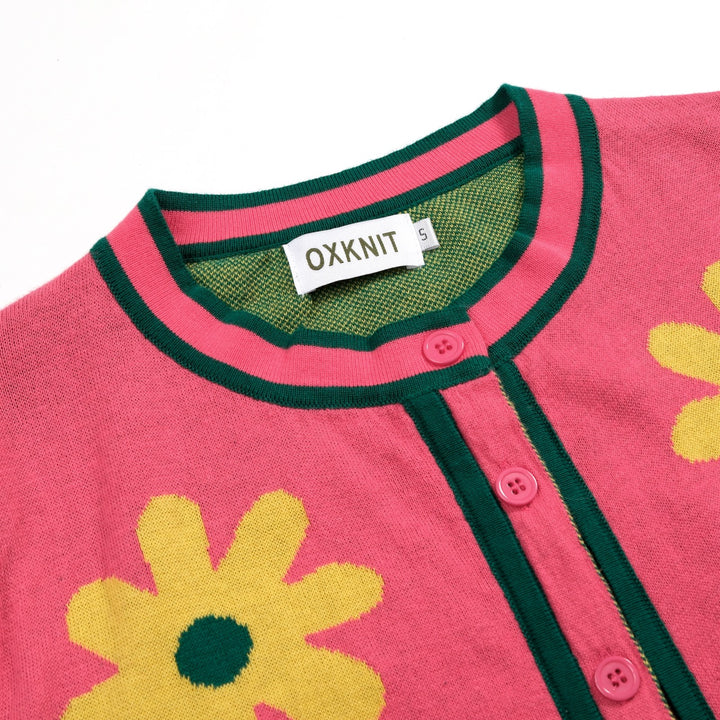 Kvindernes Hot Pink 60'er Mod Daisy Jacquard Strikket Kjole med Slips