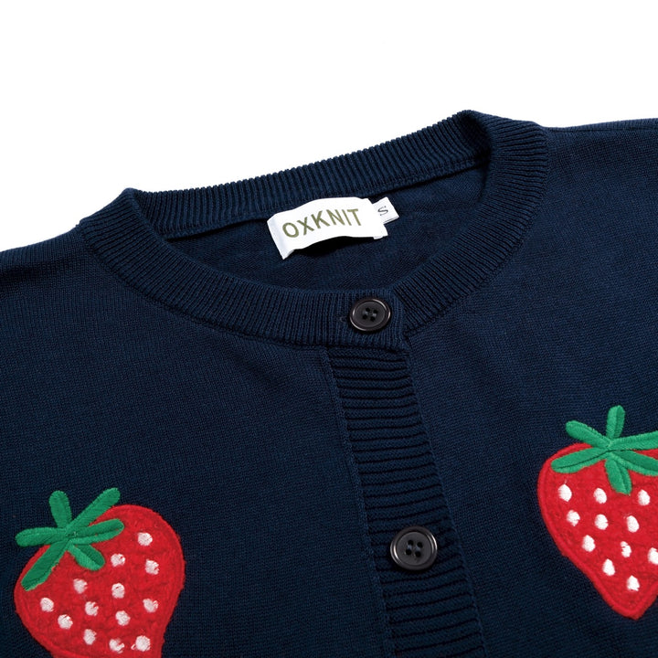 Women's Navy Blue Vintage Strawberry Embroidered Knit Cardigan