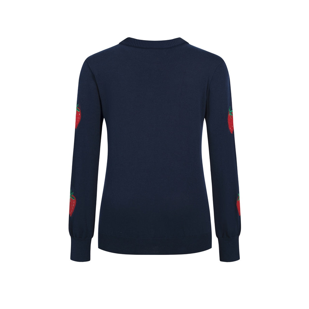 Women's Navy Blue Vintage Strawberry Embroidered Knit Cardigan