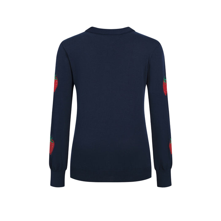 Women's Navy Blue Vintage Strawberry Embroidered Knit Cardigan