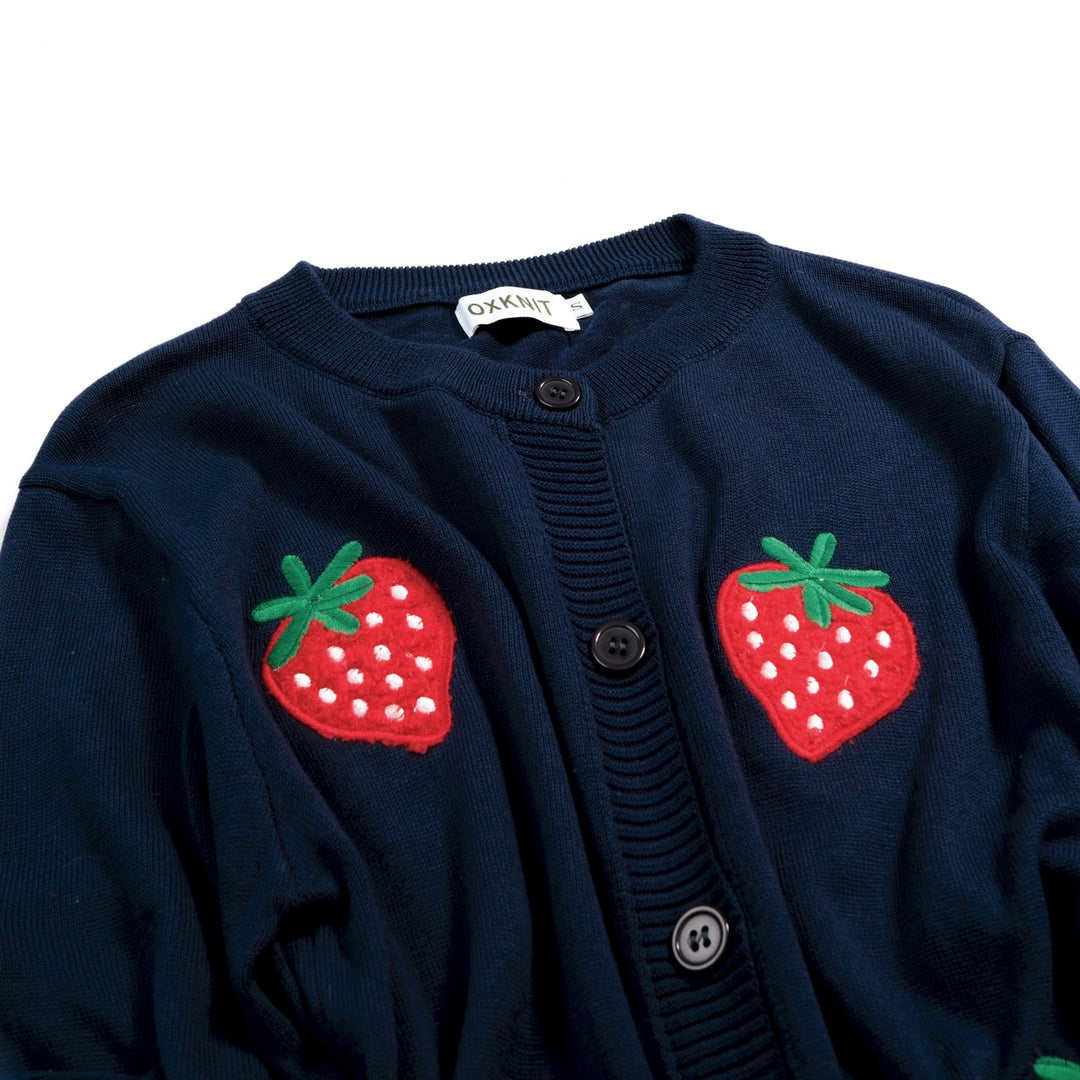 Women's Navy Blue Vintage Strawberry Embroidered Knit Cardigan
