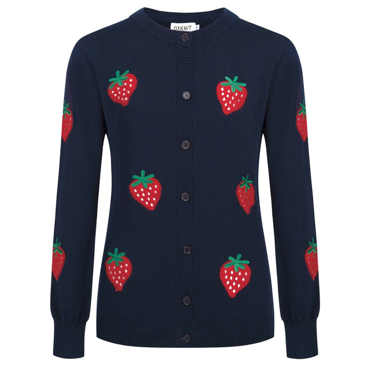 Women's Navy Blue Vintage Strawberry Embroidered Knit Cardigan