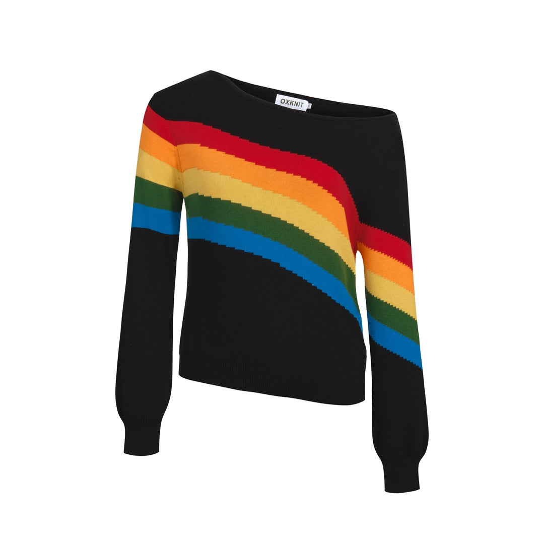 Women's Rainbow Striped Off-Shoulder Top - cropped length