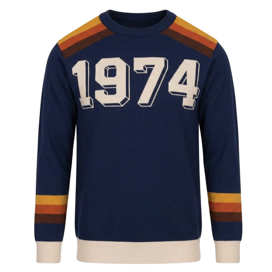 Men's Dark Blue Retro 1974 Jacquard Crew Neck Knit Sweater