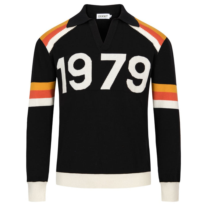 Herre Sort Retro 1979 Jacquard Polo Strikkegenser