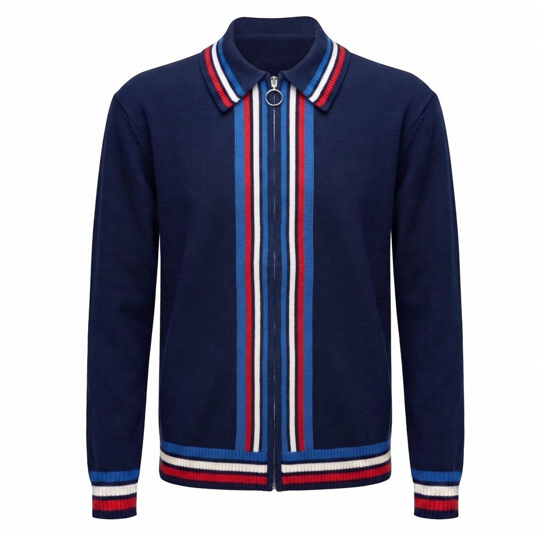 Men's Navy Blue 60s Mod Striped Polo Knit Cardigan