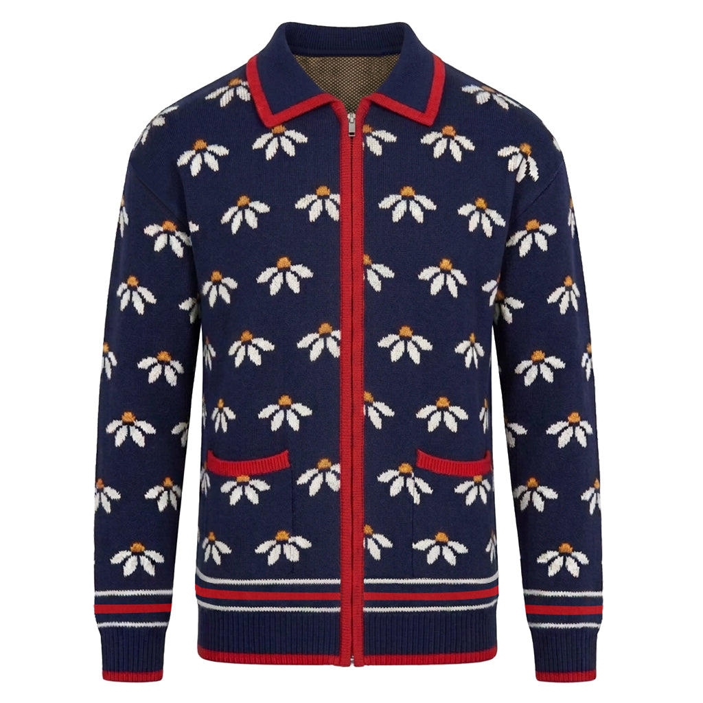 Men's Navy Blue 70s Daisy Jacquard Knit Cardigan