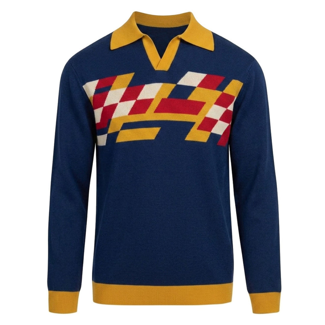 Herreblå Vintage Geometrisk Jacquard Polo Strik