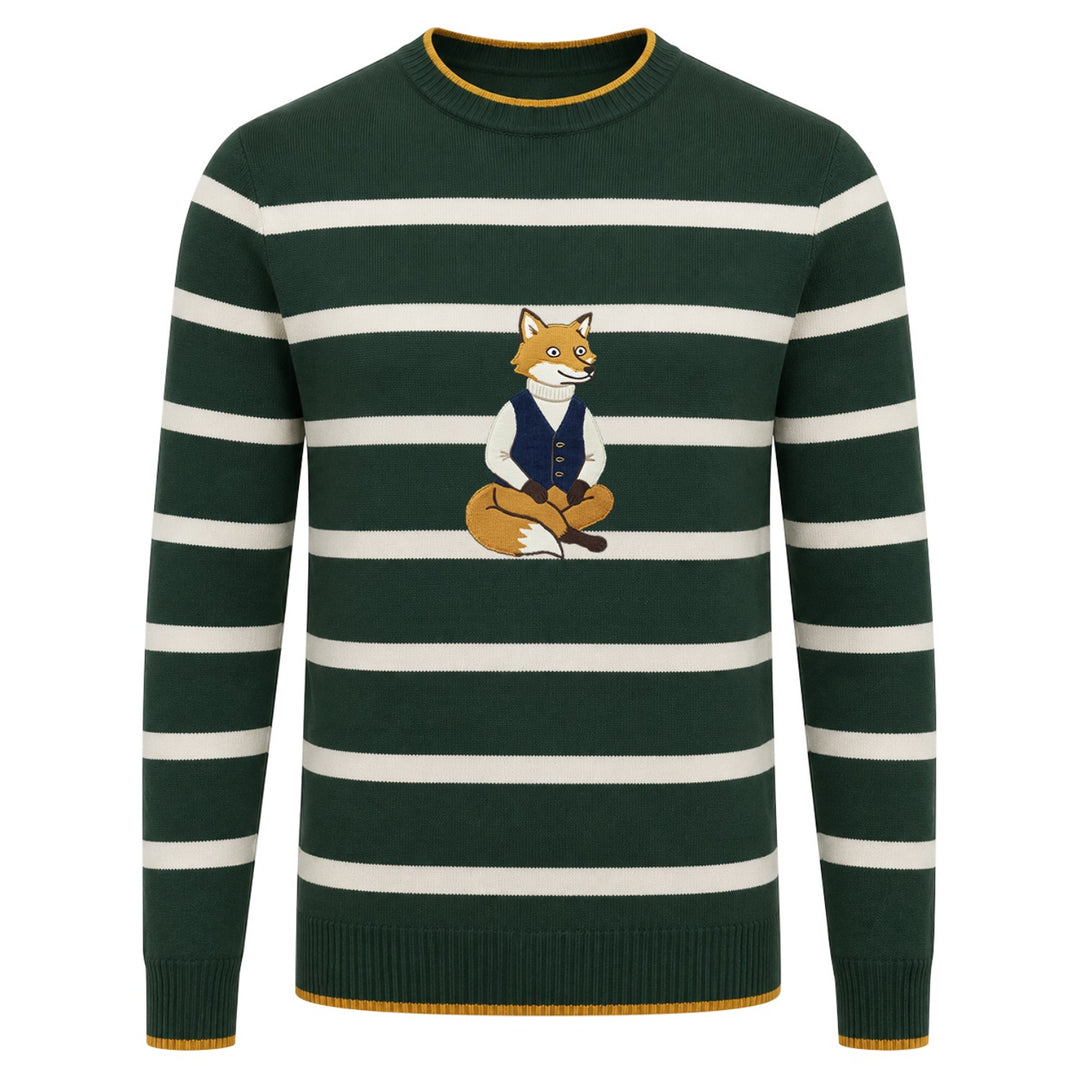 Men's Green 70s Animal Embroidered Collegiate Crew Neck Knit