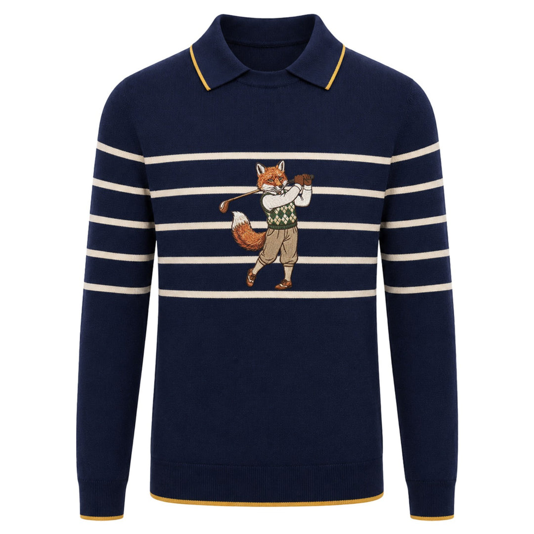 Men's Navy Blue Playful Fox Golf Embroidered Polo Knit