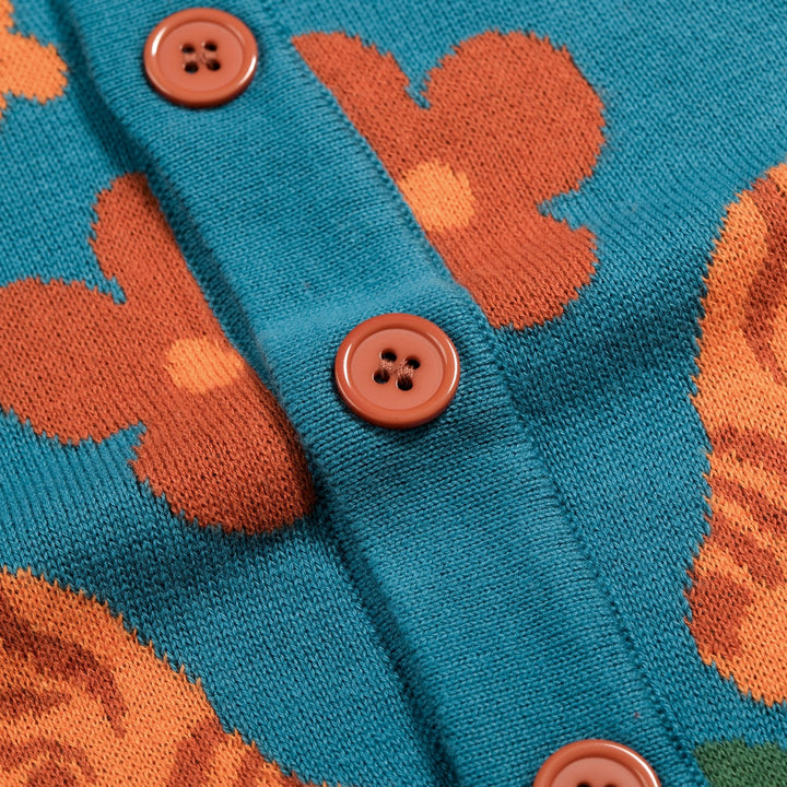 Men's Teal Vintage Tiger Jacquard Knit Cardigan - Designed by Carrie Cantwell