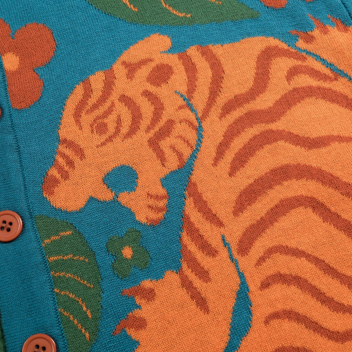Men's Teal Vintage Tiger Jacquard Knit Cardigan - Designed by Carrie Cantwell