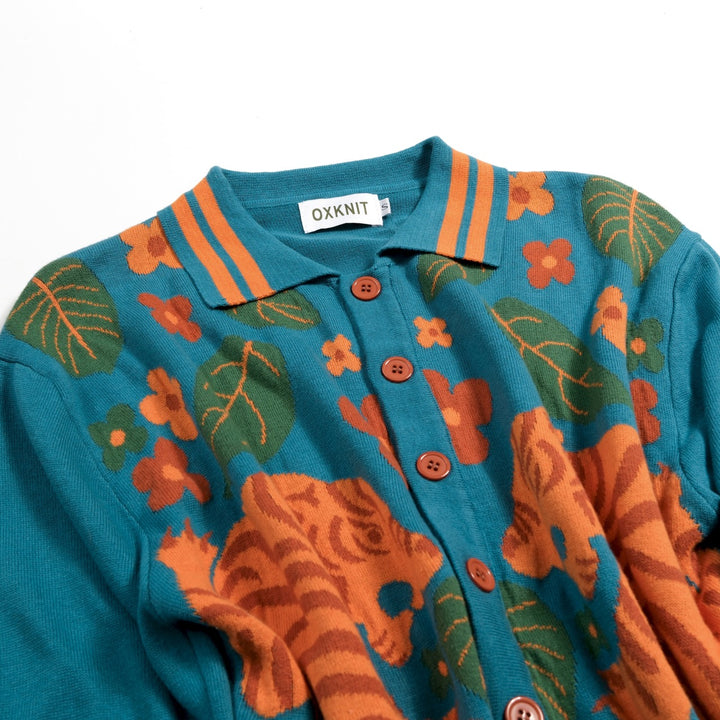 Men's Teal Vintage Tiger Jacquard Knit Cardigan - Designed by Carrie Cantwell