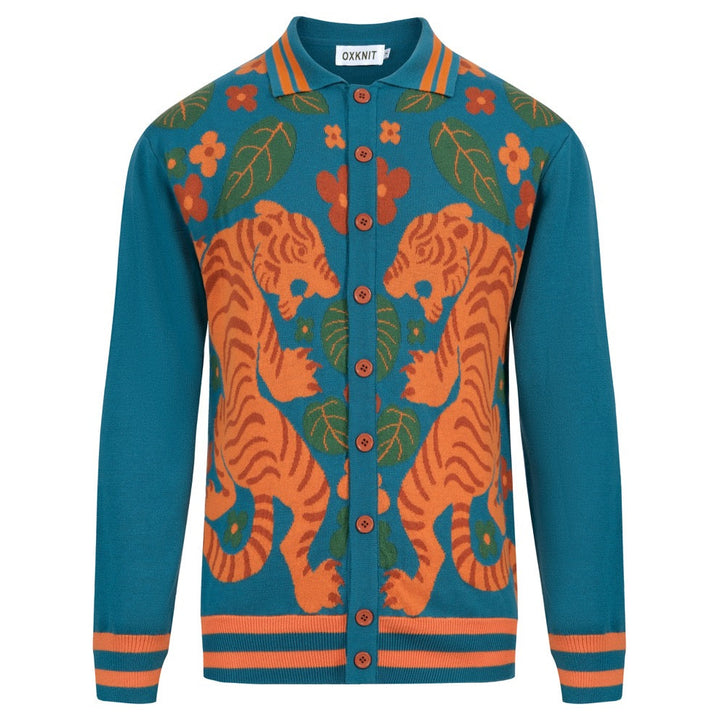 Men's Teal Vintage Tiger Jacquard Knit Cardigan - Designed by Carrie Cantwell