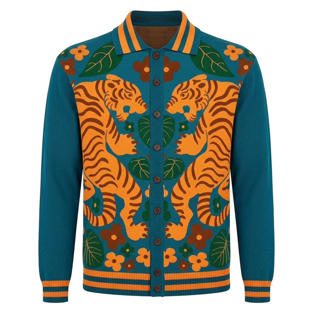 Herre Teal Vintage Tiger Jacquard Strikket Cardigan - Designet av Carrie Cantwell