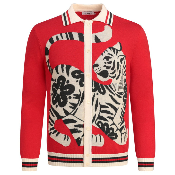 Cárdigan de punto jacquard retro con tigre para hombre - Diseñado por Jess Miller