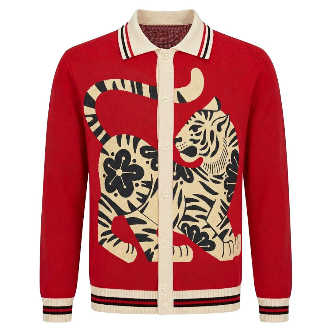 Men's Retro Tiger Jacquard Knit Cardigan - Designed by Jess Miller
