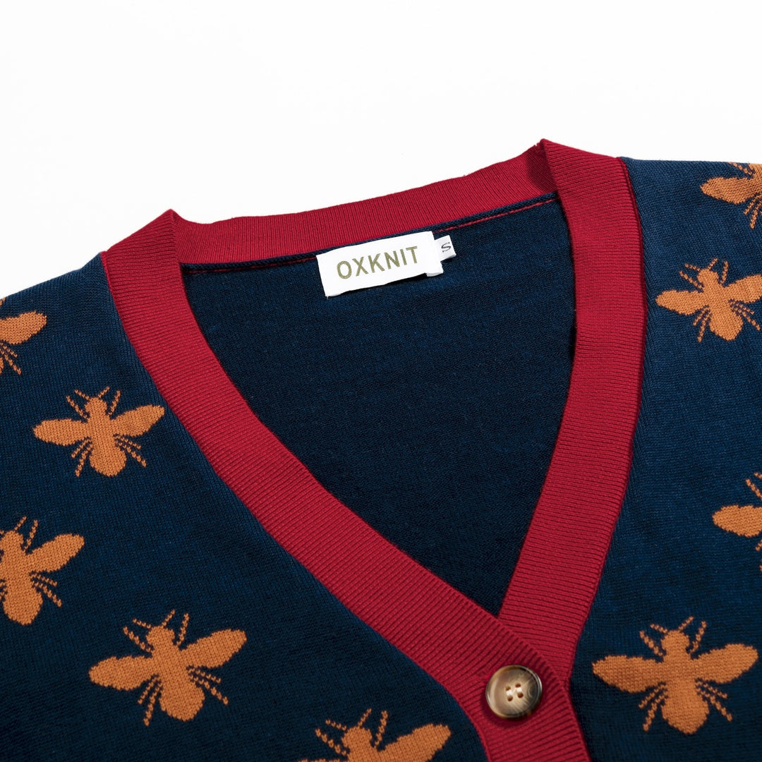 Women's Navy Blue 70s Bee Jacquard V-Neck Knit Cardigan