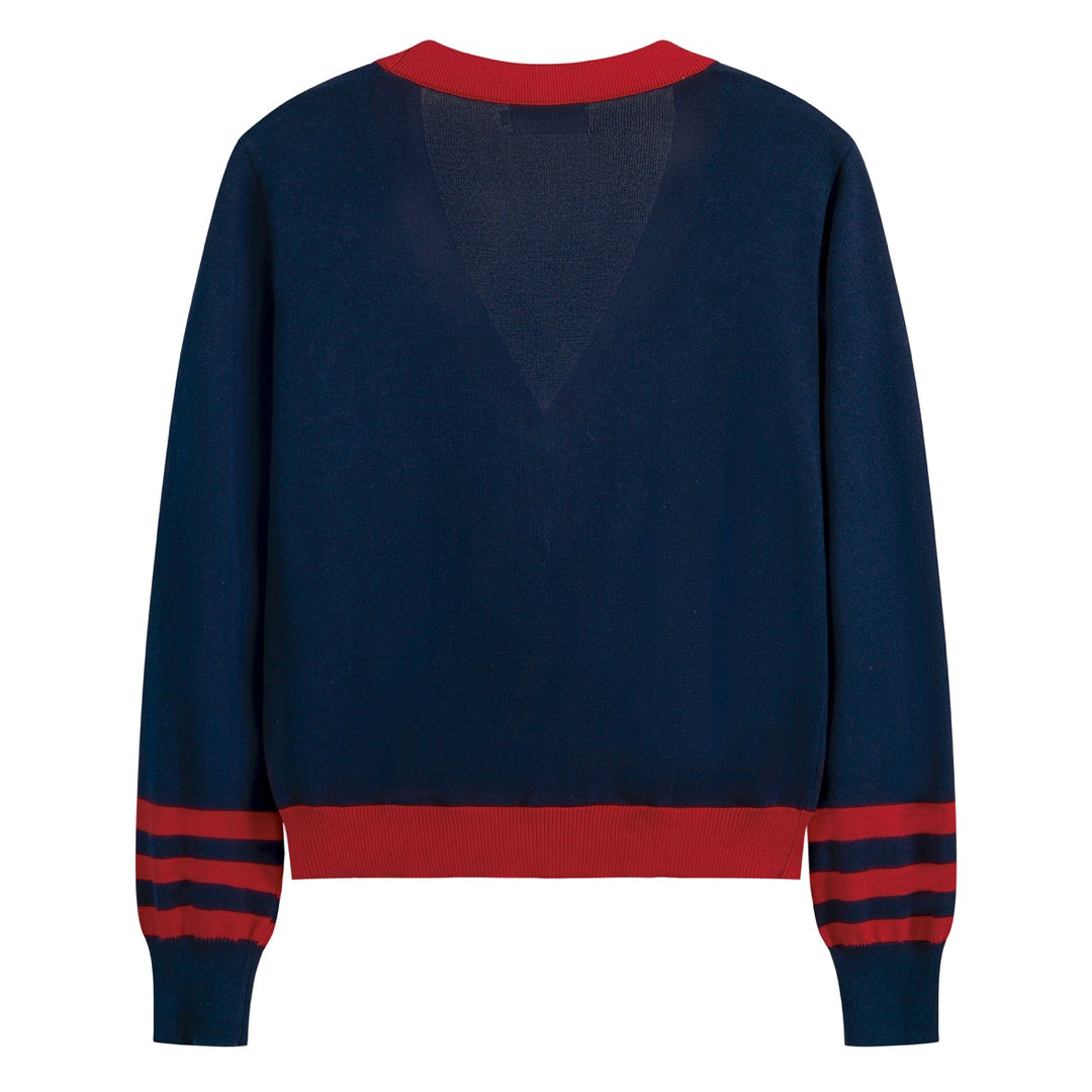 Women's Navy Blue 70s Bee Jacquard V-Neck Knit Cardigan