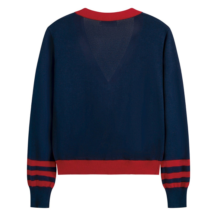 Women's Navy Blue 70s Bee Jacquard V-Neck Knit Cardigan