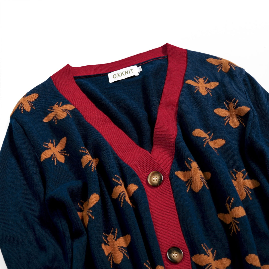 Women's Navy Blue 70s Bee Jacquard V-Neck Knit Cardigan