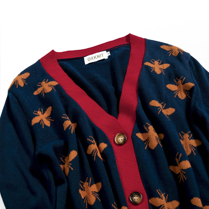 Women's Navy Blue 70s Bee Jacquard V-Neck Knit Cardigan