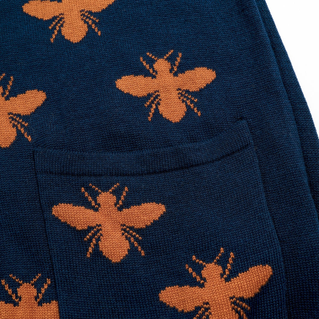 Women's Navy Blue 70s Bee Jacquard V-Neck Knit Cardigan