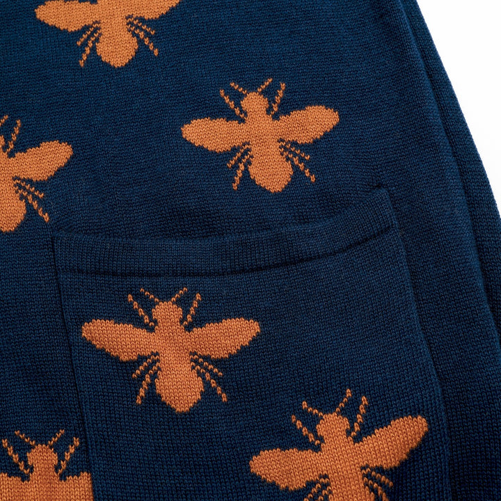 Women's Navy Blue 70s Bee Jacquard V-Neck Knit Cardigan