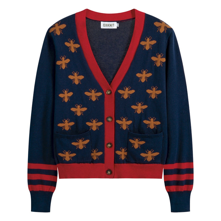 Women's Navy Blue 70s Bee Jacquard V-Neck Knit Cardigan