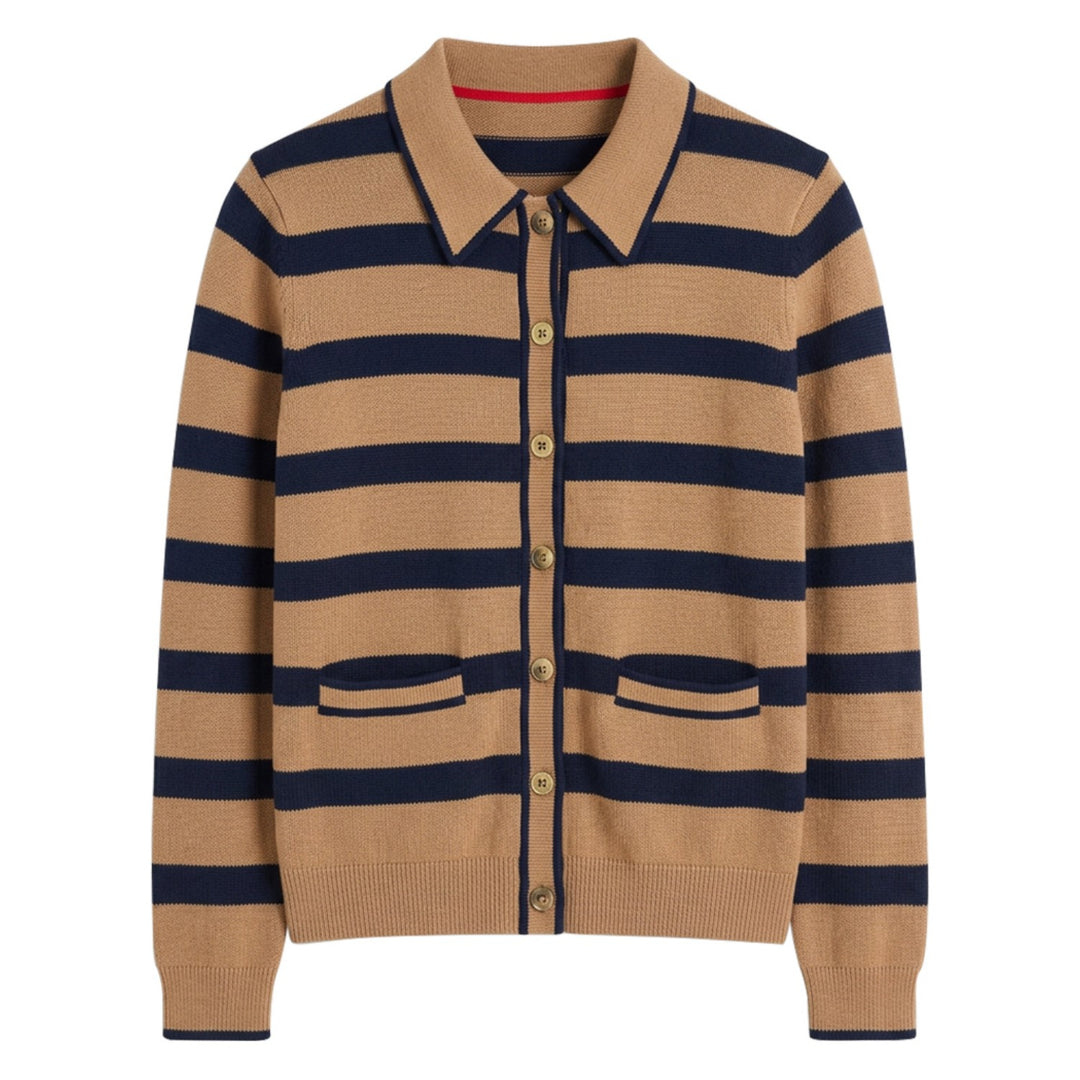 Cardigan en maille à rayures collégiales des années 70, poche, polo, kaki pour femme