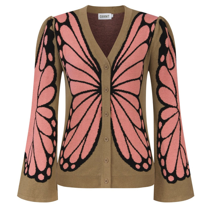 Women's Khaki 70s Butterfly Wing V-Neck Knit Cardigan