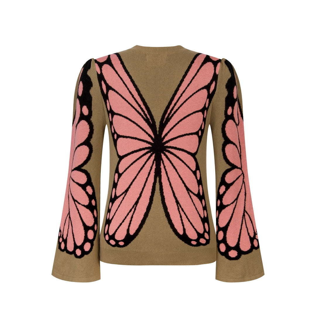 Women's Khaki 70s Butterfly Wing V-Neck Knit Cardigan