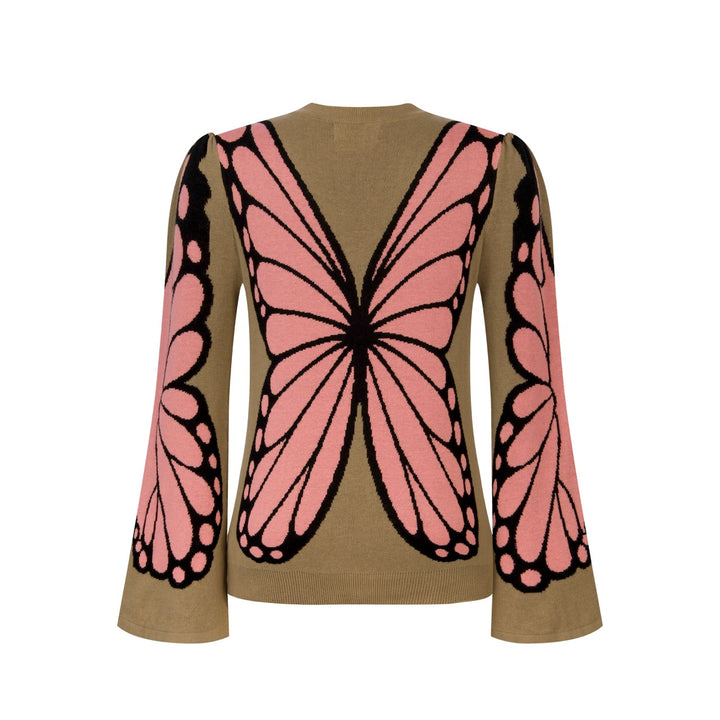 Women's Khaki 70s Butterfly Wing V-Neck Knit Cardigan