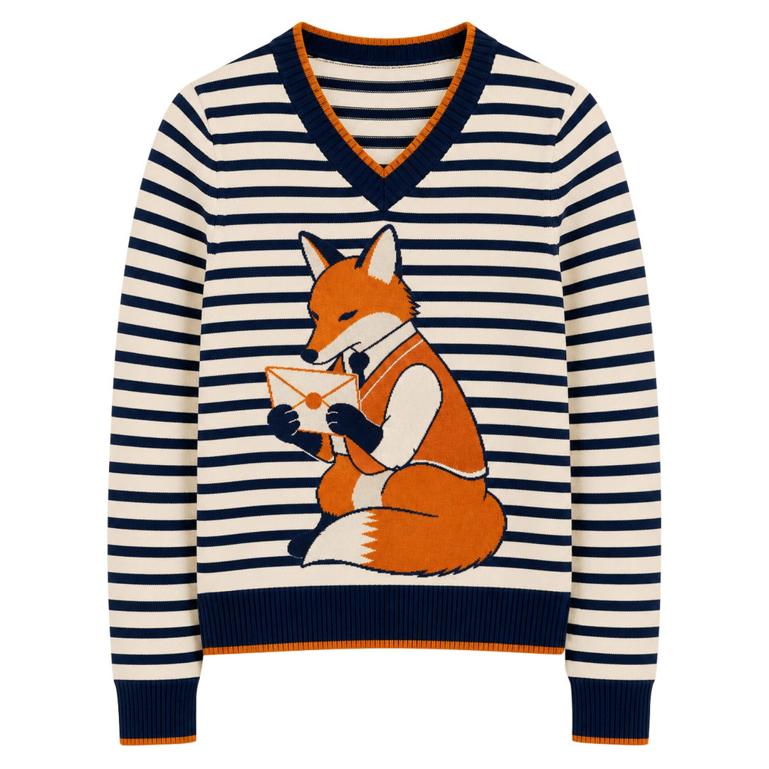 Women's Color Block Striped Fox Jacquard V-Neck Knit