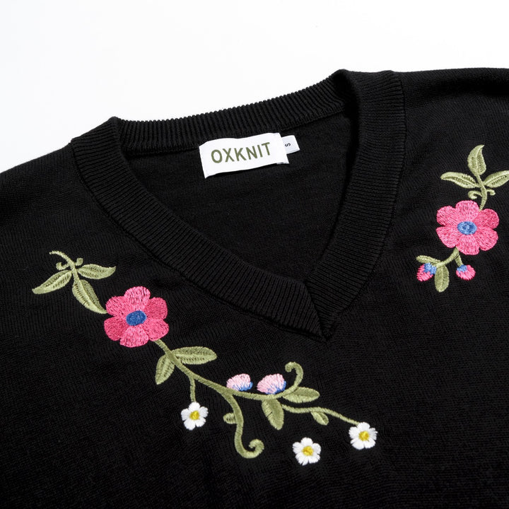 Dame Sort 70'er Blomstret Broderet Puffærme V-hals Strik