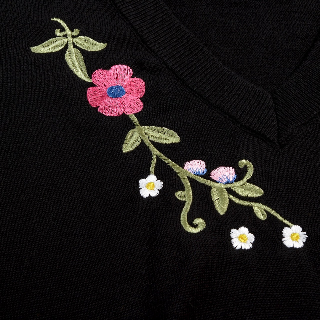 Dame Sort 70'er Blomstret Broderet Puffærme V-hals Strik