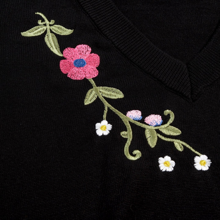 Dame Sort 70'er Blomstret Broderet Puffærme V-hals Strik