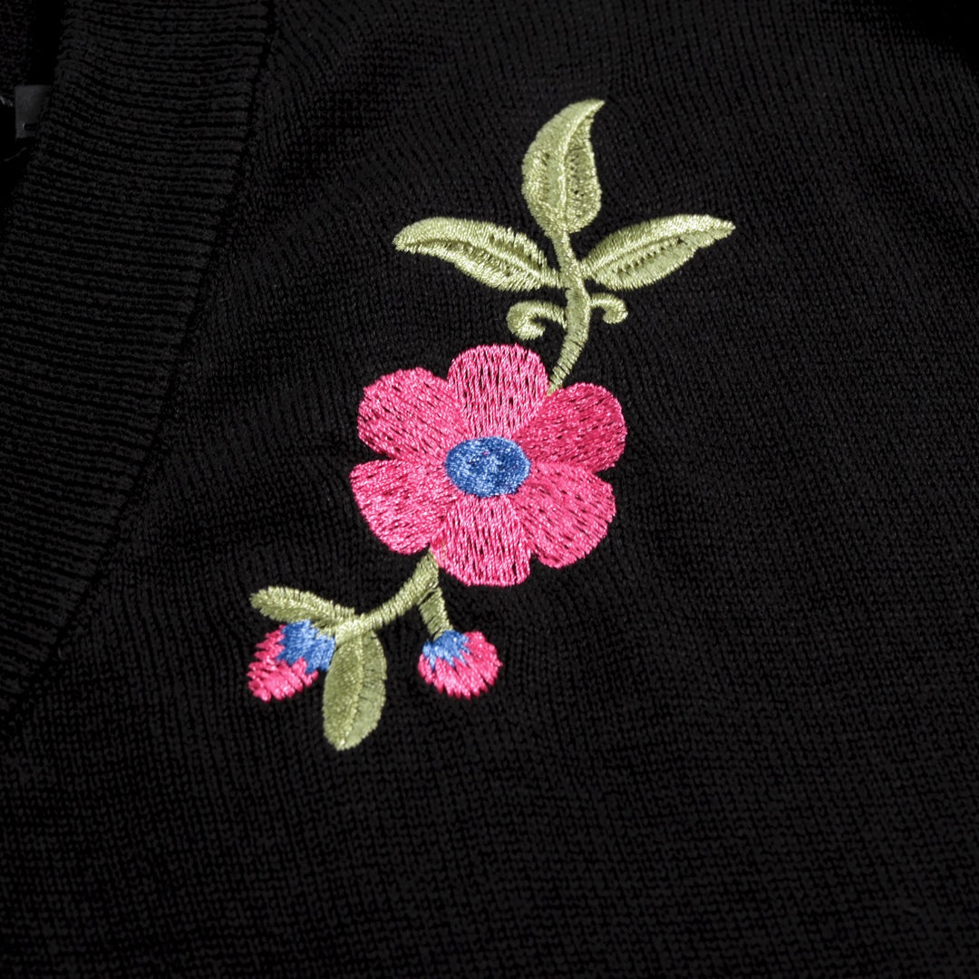 Dame Sort 70'er Blomstret Broderet Puffærme V-hals Strik