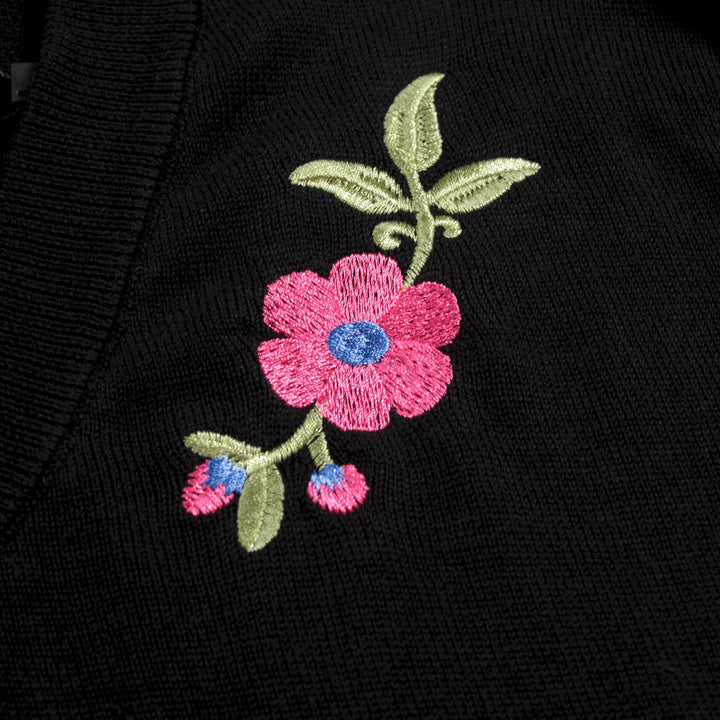 Dame Sort 70'er Blomstret Broderet Puffærme V-hals Strik
