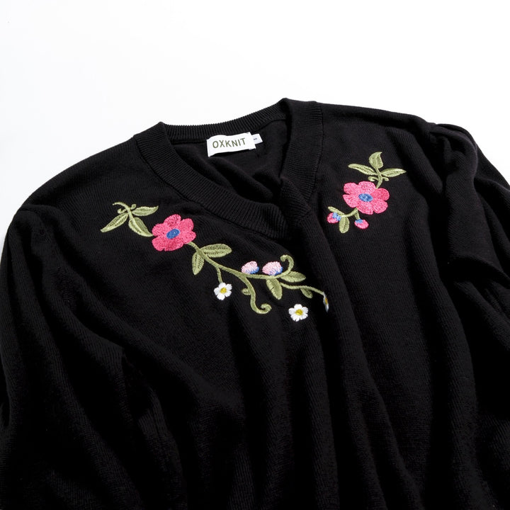 Dame Sort 70'er Blomstret Broderet Puffærme V-hals Strik