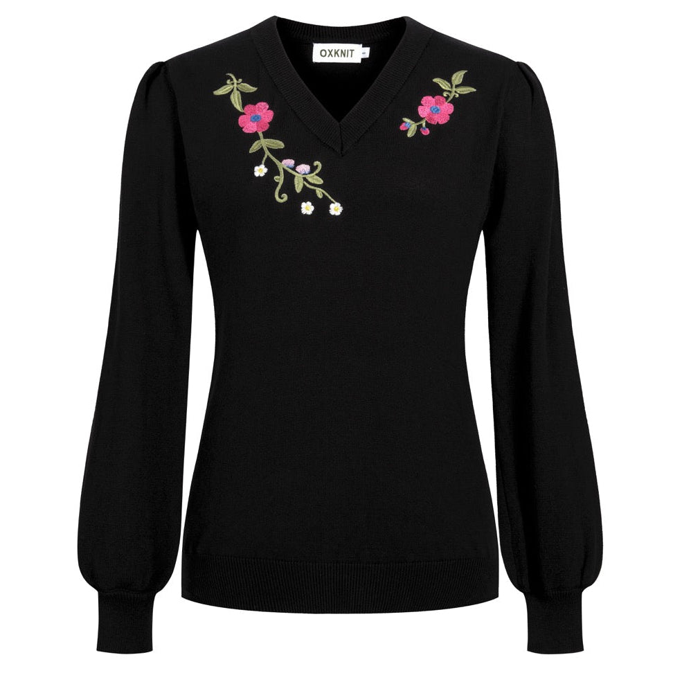 Dame Sort 70'er Blomstret Broderet Puffærme V-hals Strik