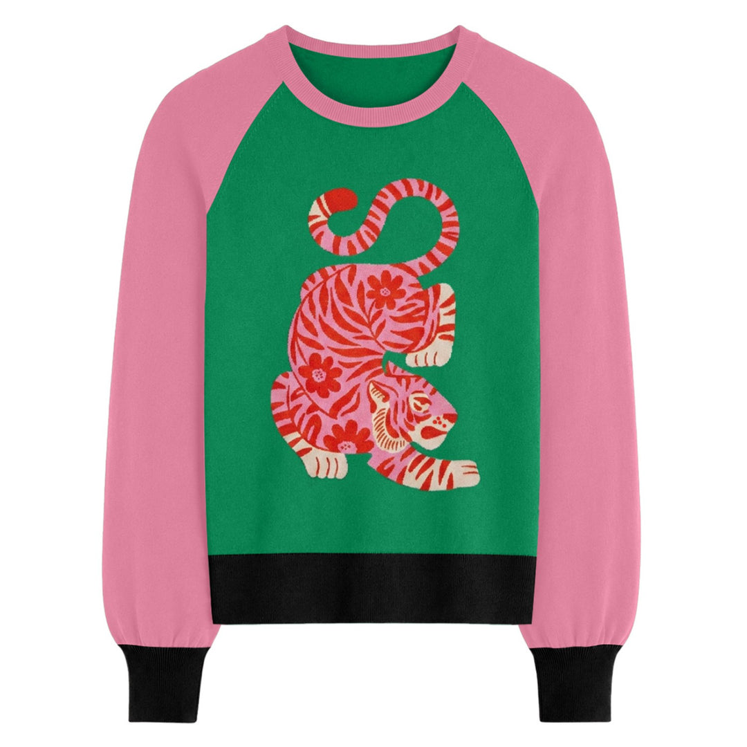 Camisola de Malha Feminina Caqui com Bulldog Divertido, Jacquard de Pata e Osso Bordado